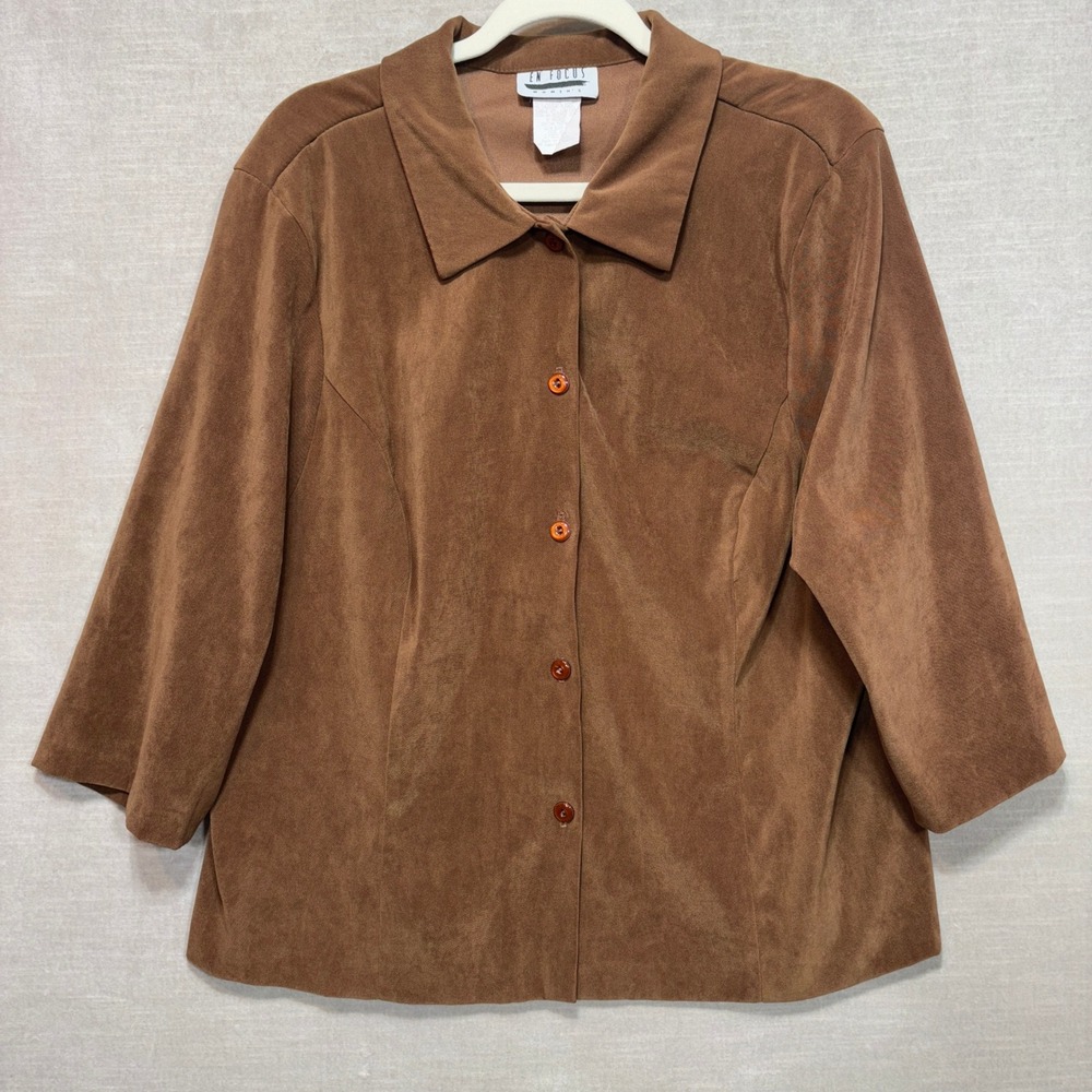 Vtg EN FOCUS Women Faux Suede Shirt Jacket 18 Brown Classic Chic Timeless Luxe
